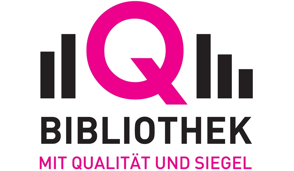 Grafik mit dem Logo der Zertifizierung Bibliothek mit Qualität und Siegel, ein großes Q mit Schrift